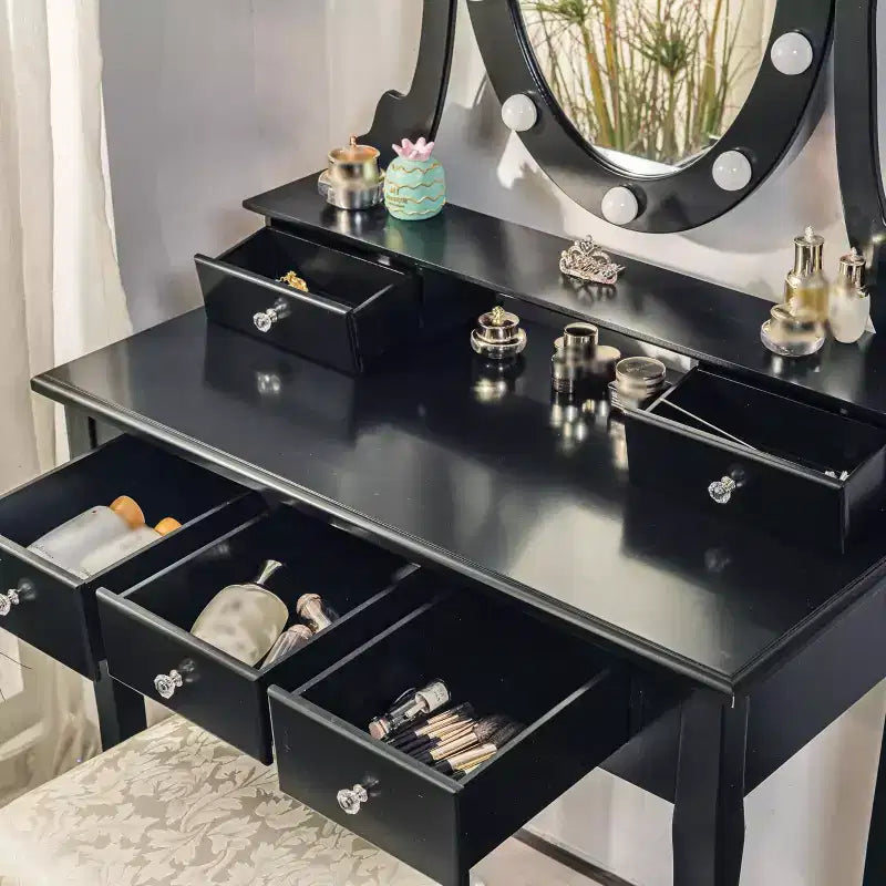 Moderna Toeletta da Trucco, Set Toeletta per Ragazze con Specchio Illuminato e Sgabello Imbottito, Tavolo da Trucco con 5 Cassetti per Camera da Letto, Tavolino da Trucco per Bambine e Donne