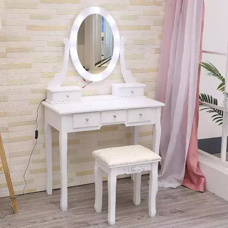 Moderna Toeletta da Trucco, Set Toeletta per Ragazze con Specchio Illuminato e Sgabello Imbottito, Tavolo da Trucco con 5 Cassetti per Camera da Letto, Tavolino da Trucco per Bambine e Donne