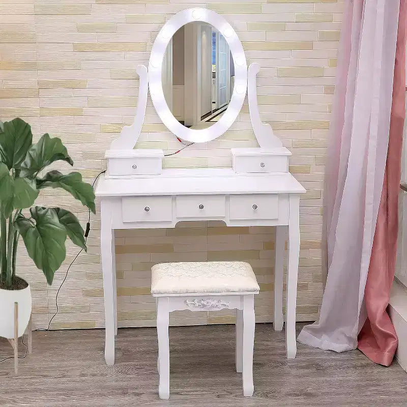 Moderna Toeletta da Trucco, Set Toeletta per Ragazze con Specchio Illuminato e Sgabello Imbottito, Tavolo da Trucco con 5 Cassetti per Camera da Letto, Tavolino da Trucco per Bambine e Donne