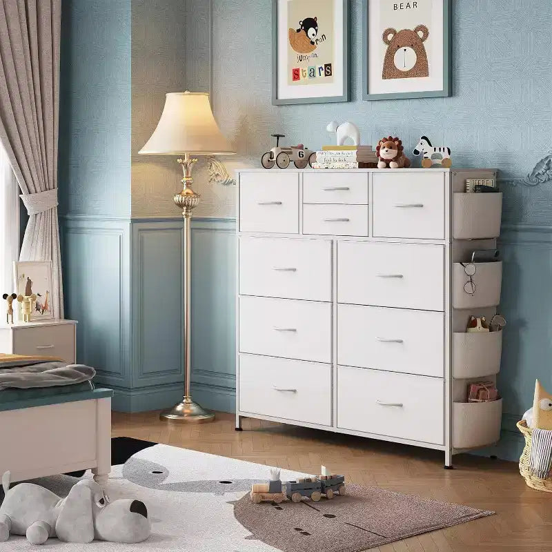 10-Drawer Storage Dresser with Side Pockets & Hooks for Bedroom, Living Room, Hallway, Closet, PU Finish, Sturdy Metal Frame, White