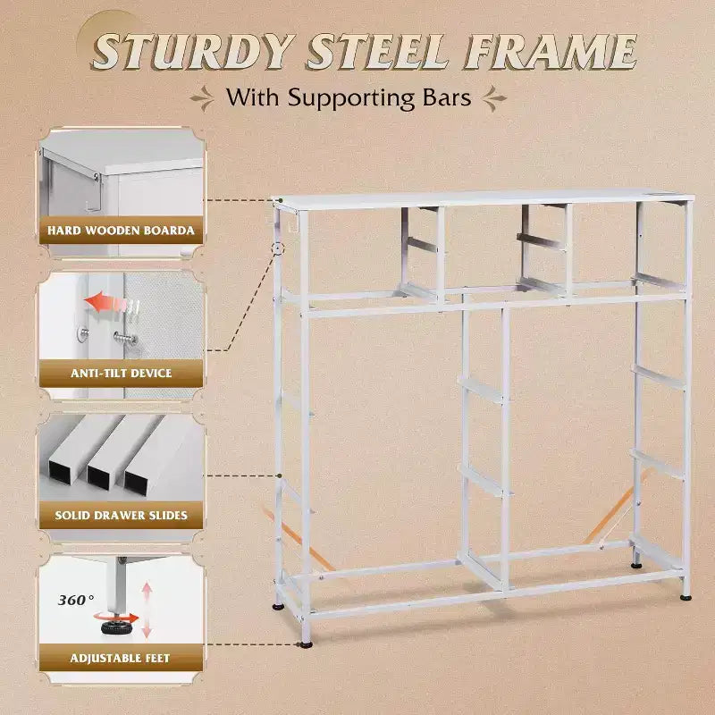 10-Drawer Storage Dresser with Side Pockets & Hooks for Bedroom, Living Room, Hallway, Closet, PU Finish, Sturdy Metal Frame, White