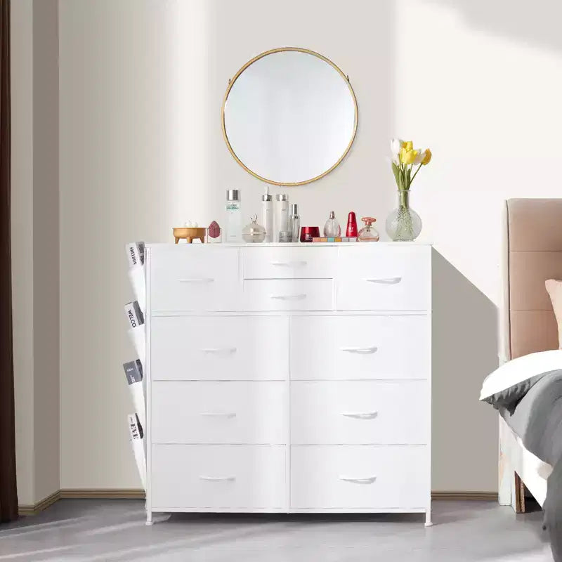 10 Drawer Dresser, Fabric Drawer Dresser with Fabric Bins, Closet Storage Drawers with Easy Pull Handle and Sturdy Steel Frame, White