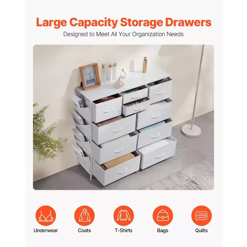 10 Drawer Dresser, Fabric Drawer Dresser with Fabric Bins, Closet Storage Drawers with Easy Pull Handle and Sturdy Steel Frame, White