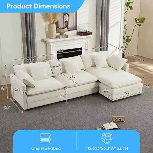 113'' L-Shaped Modular Sectional Sofa,Modern Chenille 4-Seat Cloud Couch with Ottoman and Thickened Cushion