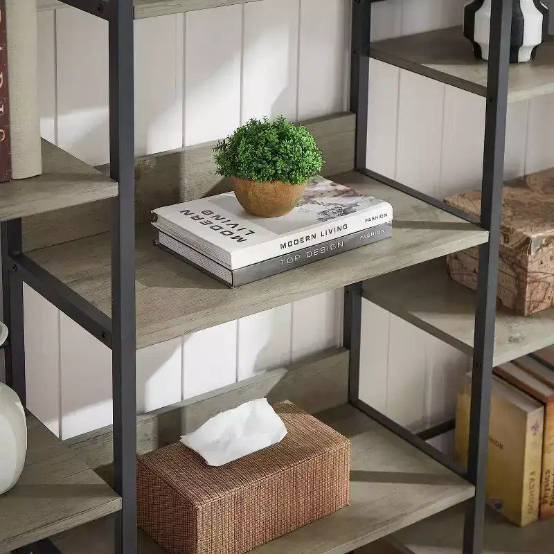 Scaffale a cinque ripiani a tripla colonna, scaffali alti autoportanti, scaffali rustici regolabili in stile industriale, librerie moderne per camera da letto