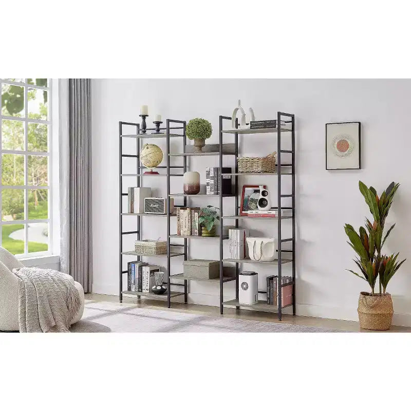 Scaffale a cinque ripiani a tripla colonna, scaffali alti autoportanti, scaffali rustici regolabili in stile industriale, librerie moderne per camera da letto
