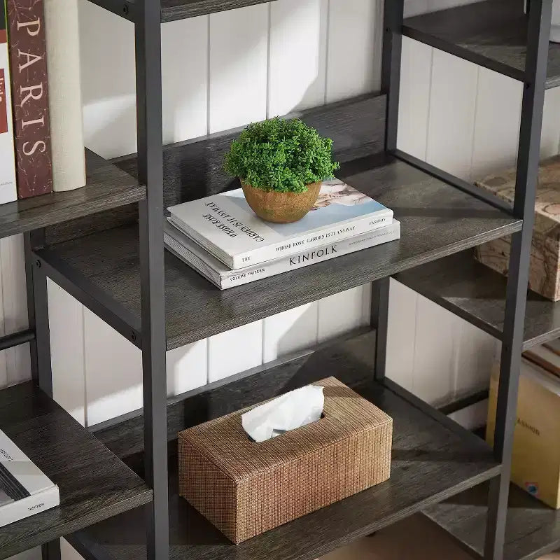 Scaffale a cinque ripiani a tripla colonna, scaffali alti autoportanti, scaffali rustici regolabili in stile industriale, librerie moderne per camera da letto