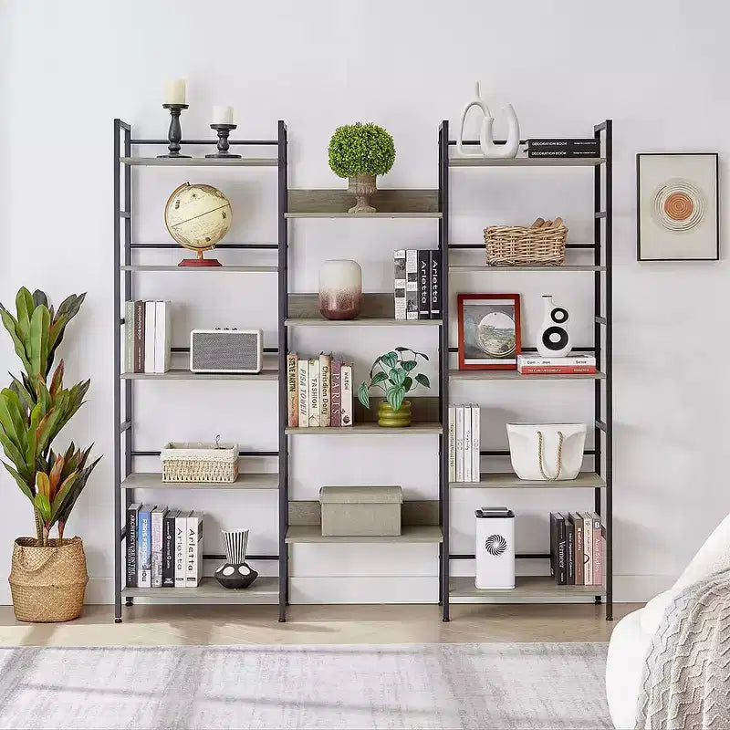 Scaffale a cinque ripiani a tripla colonna, scaffali alti autoportanti, scaffali rustici regolabili in stile industriale, librerie moderne per camera da letto