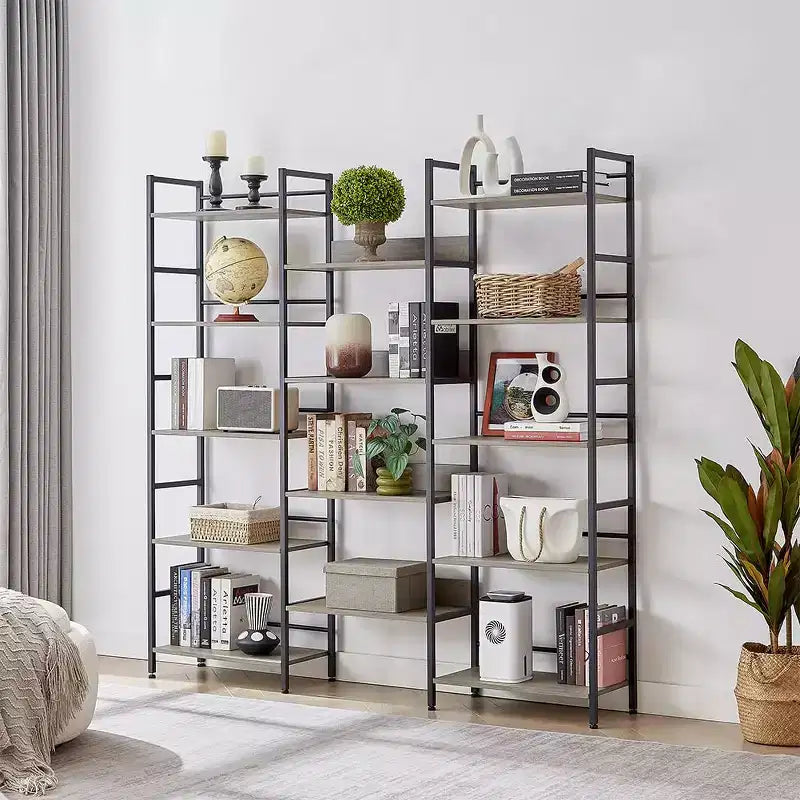Scaffale a cinque ripiani a tripla colonna, scaffali alti autoportanti, scaffali rustici regolabili in stile industriale, librerie moderne per camera da letto