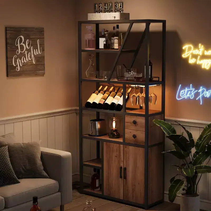 Wine Bar Cabinet- Tall Coffee Bar Station with Power Outlets, Wine Rack for Living Room