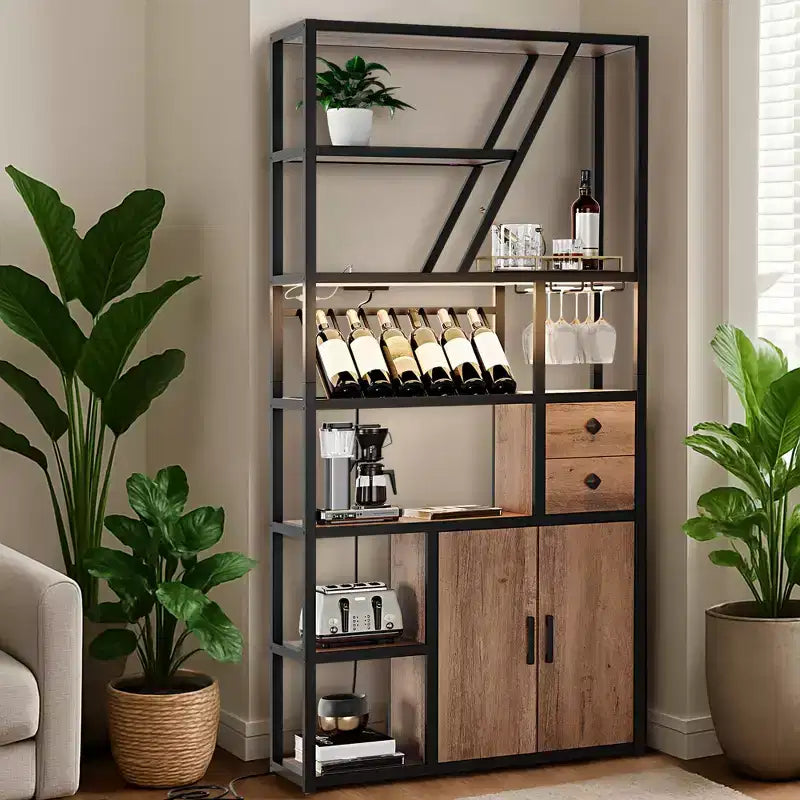 Wine Bar Cabinet- Tall Coffee Bar Station with Power Outlets, Wine Rack for Living Room