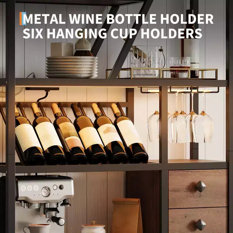 Wine Bar Cabinet- Tall Coffee Bar Station with Power Outlets, Wine Rack for Living Room