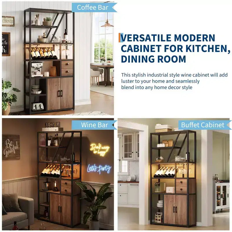 Wine Bar Cabinet- Tall Coffee Bar Station with Power Outlets, Wine Rack for Living Room