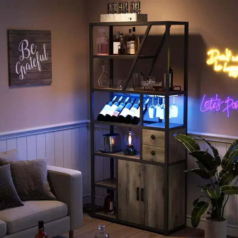 Wine Bar Cabinet- Tall Coffee Bar Station with Power Outlets, Wine Rack for Living Room