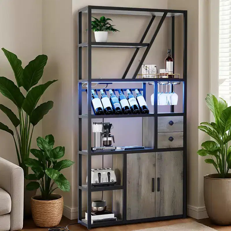 Wine Bar Cabinet- Tall Coffee Bar Station with Power Outlets, Wine Rack for Living Room