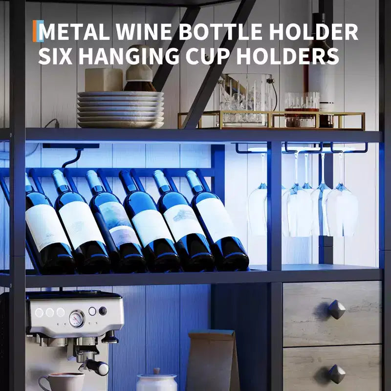 Wine Bar Cabinet- Tall Coffee Bar Station with Power Outlets, Wine Rack for Living Room