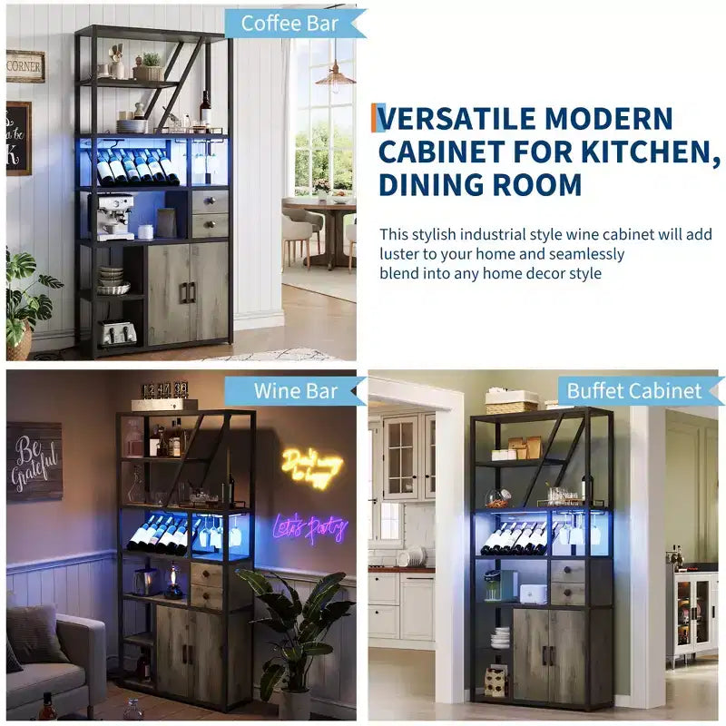Wine Bar Cabinet- Tall Coffee Bar Station with Power Outlets, Wine Rack for Living Room
