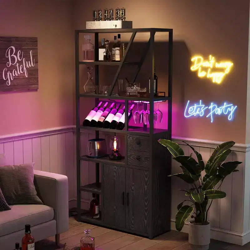 Wine Bar Cabinet- Tall Coffee Bar Station with Power Outlets, Wine Rack for Living Room