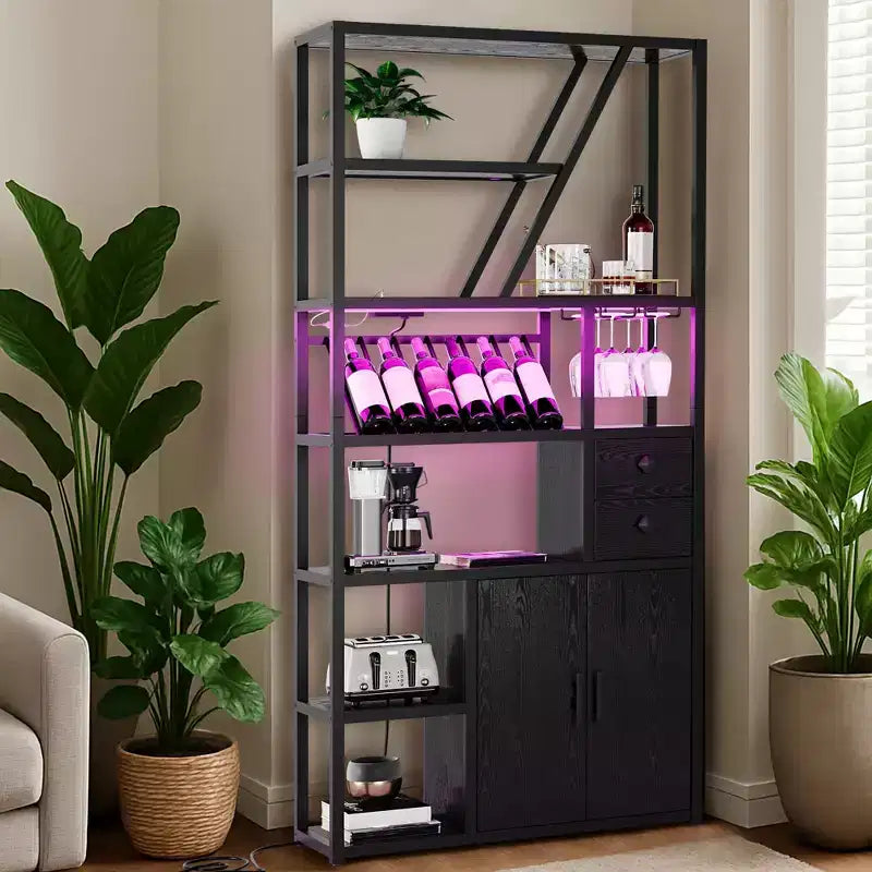 Wine Bar Cabinet- Tall Coffee Bar Station with Power Outlets, Wine Rack for Living Room