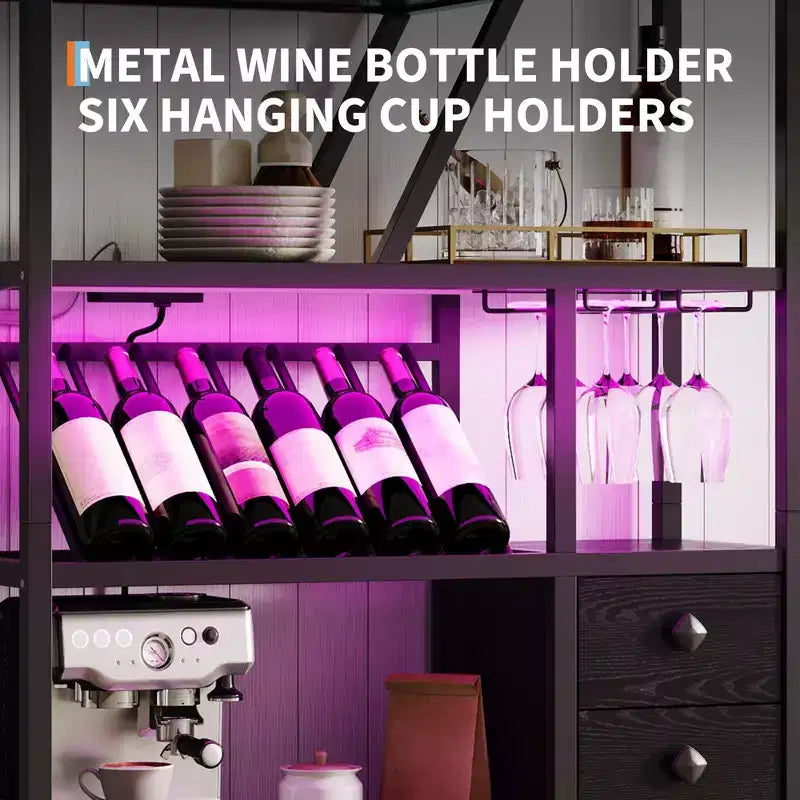 Wine Bar Cabinet- Tall Coffee Bar Station with Power Outlets, Wine Rack for Living Room