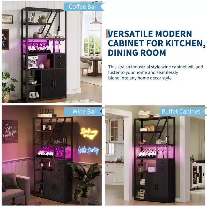 Wine Bar Cabinet- Tall Coffee Bar Station with Power Outlets, Wine Rack for Living Room