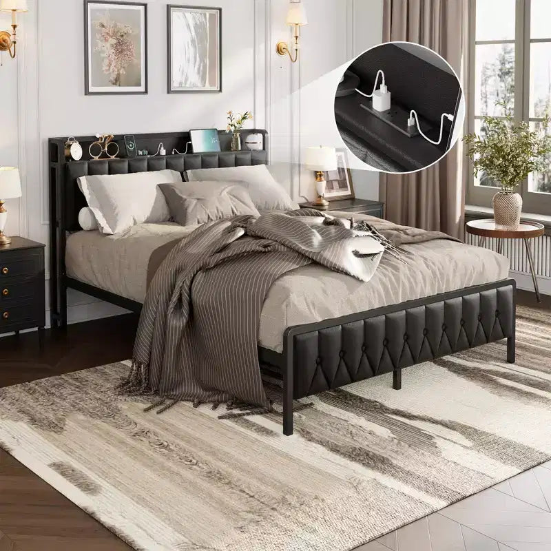 Bed Frame with PU Faux Leather Button Headboard with Charging Station, All-Metal Platform Bed Frame with Storag
