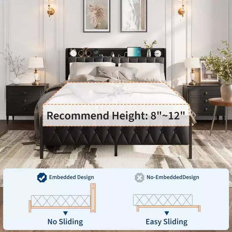 Bed Frame with PU Faux Leather Button Headboard with Charging Station, All-Metal Platform Bed Frame with Storag