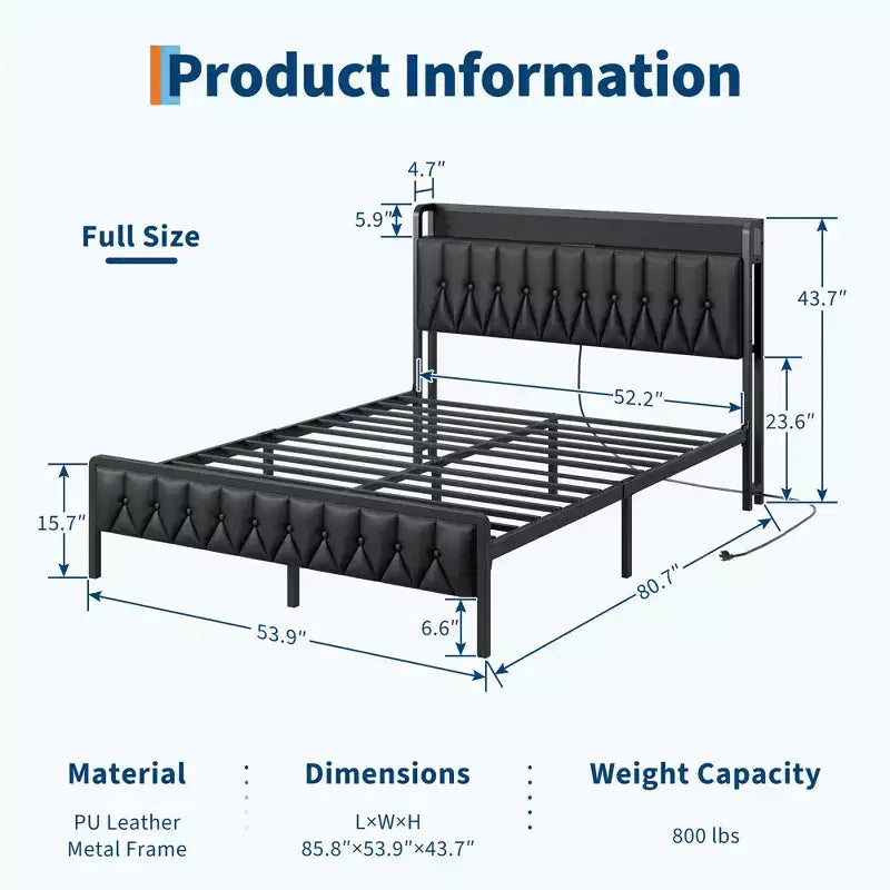 Bed Frame with PU Faux Leather Button Headboard with Charging Station, All-Metal Platform Bed Frame with Storag