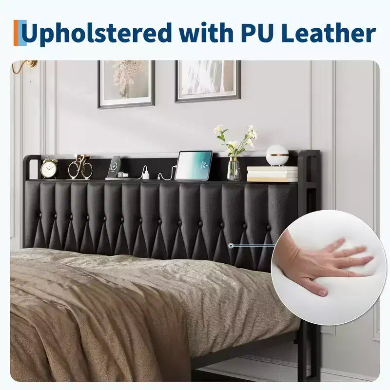 Bed Frame with PU Faux Leather Button Headboard with Charging Station, All-Metal Platform Bed Frame with Storag