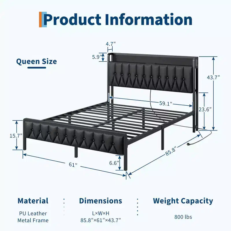 Bed Frame with PU Faux Leather Button Headboard with Charging Station, All-Metal Platform Bed Frame with Storag