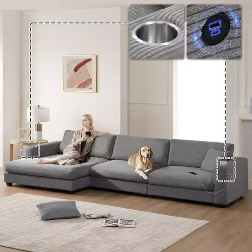 134 4-Seat Oversized Corduroy Sectional Sofa with USB Charging Port and Cup Holder, L Shaped Cloud Couch, Deep Seat Sofa Bed
