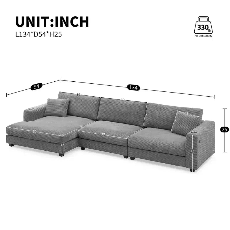 134 4-Seat Oversized Corduroy Sectional Sofa with USB Charging Port and Cup Holder, L Shaped Cloud Couch, Deep Seat Sofa Bed