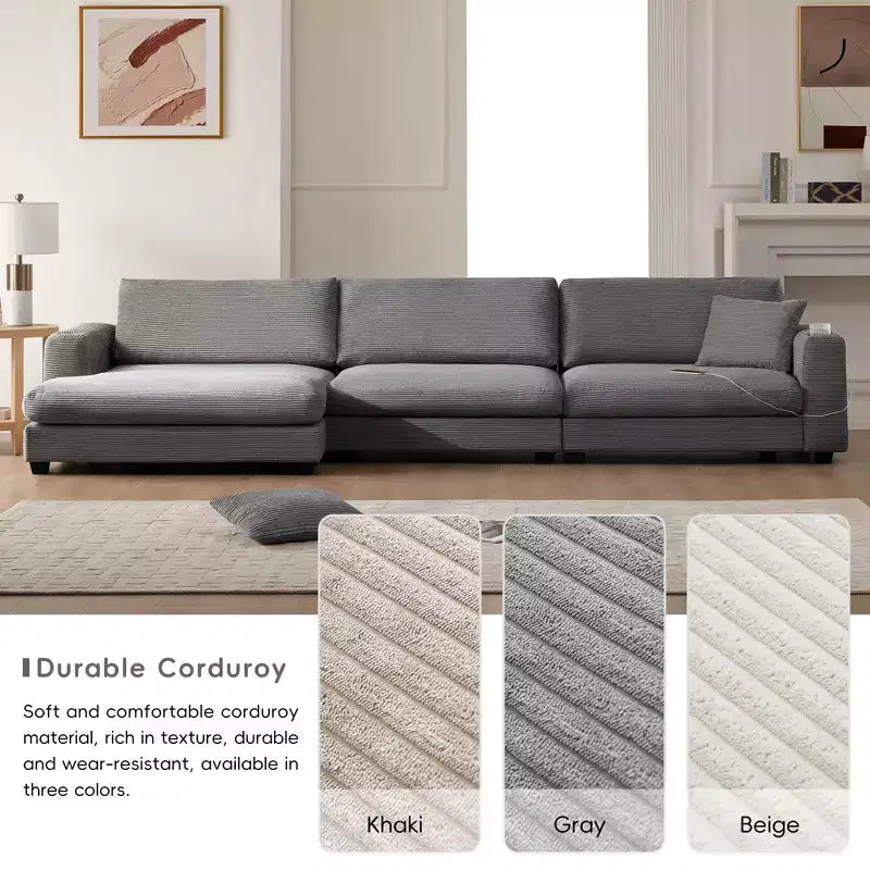 134 4-Seat Oversized Corduroy Sectional Sofa with USB Charging Port and Cup Holder, L Shaped Cloud Couch, Deep Seat Sofa Bed