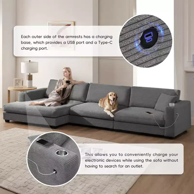 134 4-Seat Oversized Corduroy Sectional Sofa with USB Charging Port and Cup Holder, L Shaped Cloud Couch, Deep Seat Sofa Bed