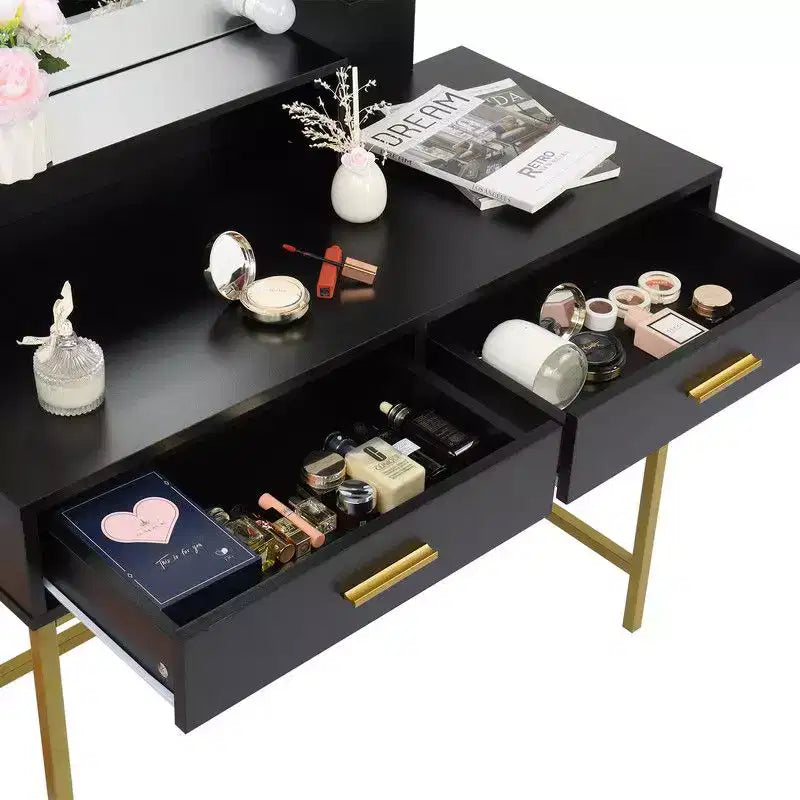 Set Toeletta a Tre Toni con Scaffale in Acciaio e Due Cassetti in Truciolato Nero, Stile Lusso Leggero
