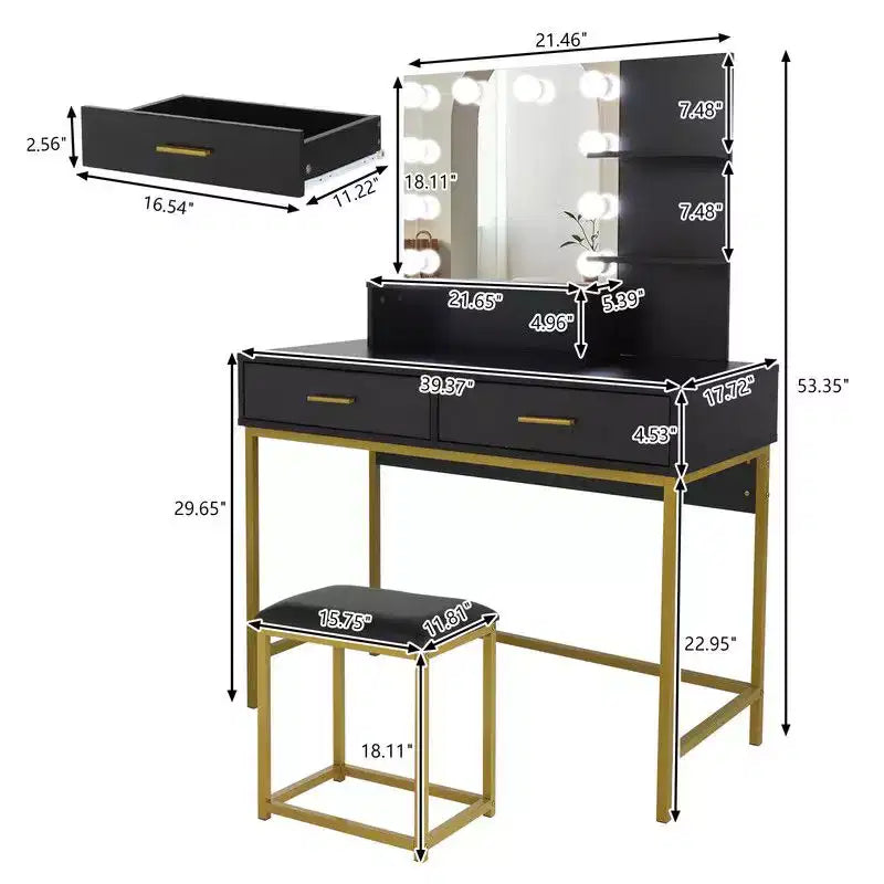 Set Toeletta a Tre Toni con Scaffale in Acciaio e Due Cassetti in Truciolato Nero, Stile Lusso Leggero