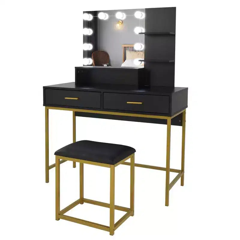 Set Toeletta a Tre Toni con Scaffale in Acciaio e Due Cassetti in Truciolato Nero, Stile Lusso Leggero