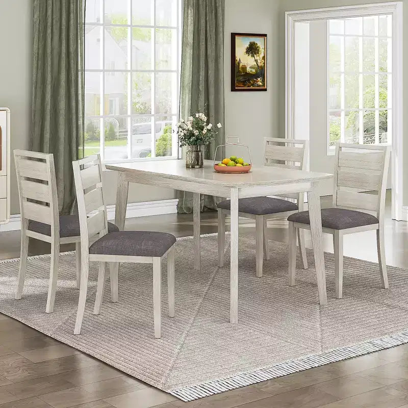 Set da tavolo da pranzo in stile rustico di 5 pezzi, tavolo in legno di gomma e 4 sedie da pranzo imbottite, grigio