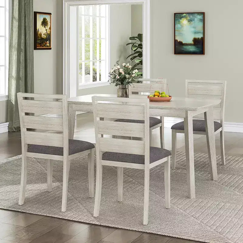 Set da tavolo da pranzo in stile rustico di 5 pezzi, tavolo in legno di gomma e 4 sedie da pranzo imbottite, grigio