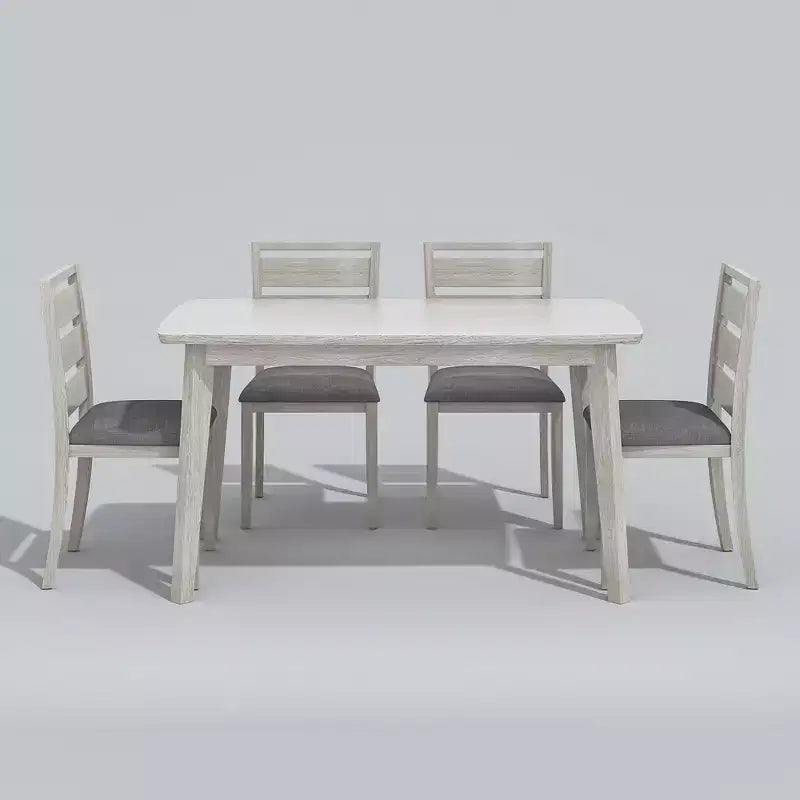 Set da tavolo da pranzo in stile rustico di 5 pezzi, tavolo in legno di gomma e 4 sedie da pranzo imbottite, grigio