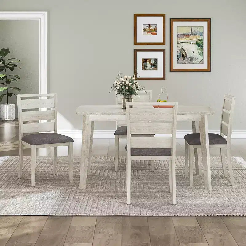 Set da tavolo da pranzo in stile rustico di 5 pezzi, tavolo in legno di gomma e 4 sedie da pranzo imbottite, grigio