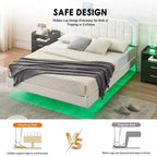 Telaio per Letto Matrimoniale Fluttuante con Luci RGB - Testiera Regolabile in PU, Piattaforma in Metallo e Senza Rete a Molle, Bianco