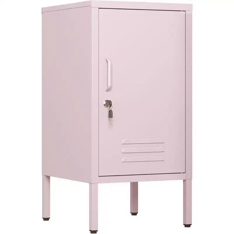 Tavolino Finale in Metallo con Chiusura a Chiave, Anta Singola, 2 Ripiani Regolabili, Mobile Contenitore Moderno Minimalista per Camera da Letto e Soggiorno, Rosa