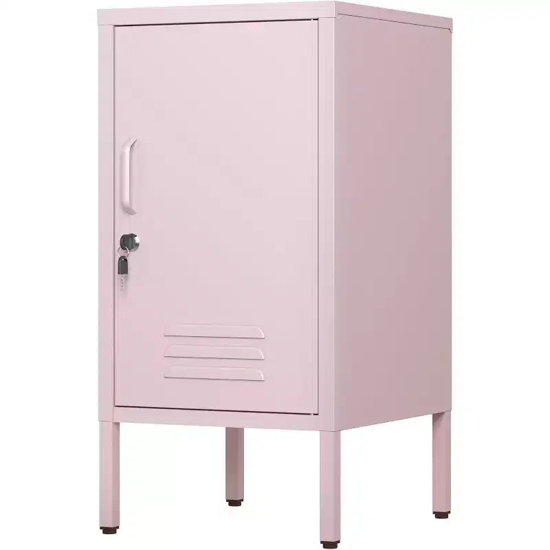 Tavolino Finale in Metallo con Chiusura a Chiave, Anta Singola, 2 Ripiani Regolabili, Mobile Contenitore Moderno Minimalista per Camera da Letto e Soggiorno, Rosa