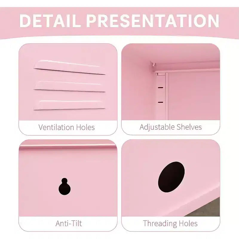 Tavolino Finale in Metallo con Chiusura a Chiave, Anta Singola, 2 Ripiani Regolabili, Mobile Contenitore Moderno Minimalista per Camera da Letto e Soggiorno, Rosa