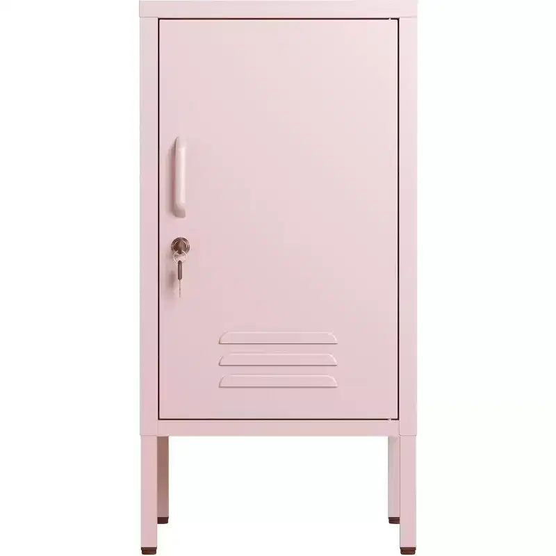 Tavolino Finale in Metallo con Chiusura a Chiave, Anta Singola, 2 Ripiani Regolabili, Mobile Contenitore Moderno Minimalista per Camera da Letto e Soggiorno, Rosa