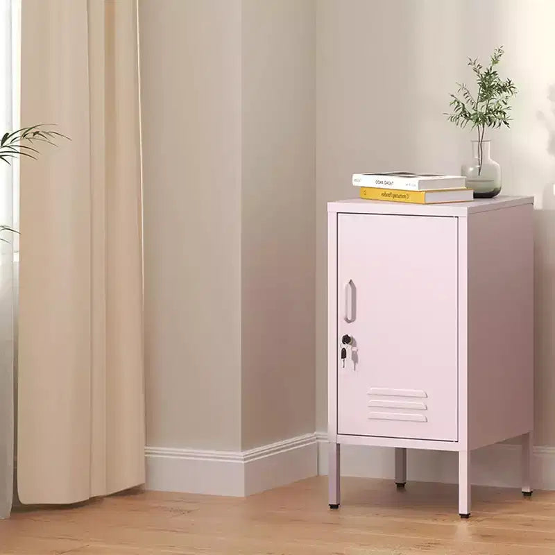 Tavolino Finale in Metallo con Chiusura a Chiave, Anta Singola, 2 Ripiani Regolabili, Mobile Contenitore Moderno Minimalista per Camera da Letto e Soggiorno, Rosa
