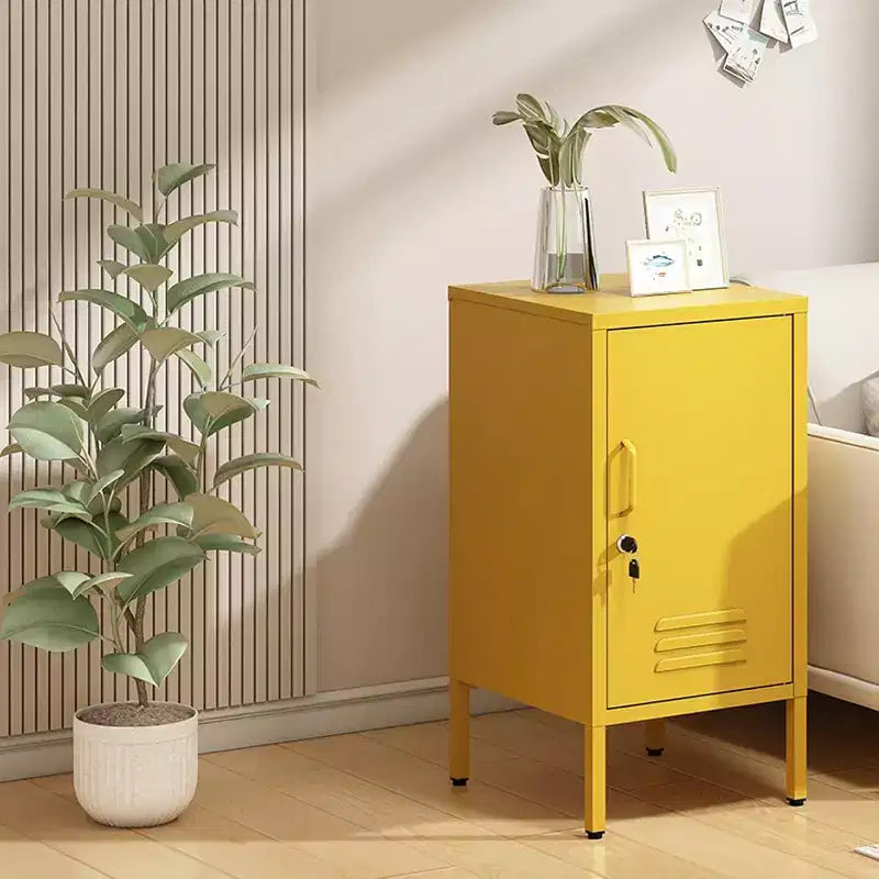 Tavolino Finale in Metallo con Chiusura a Chiave, Anta Singola, 2 Ripiani Regolabili, Mobile Contenitore Moderno Minimalista per Camera da Letto e Soggiorno, Rosa