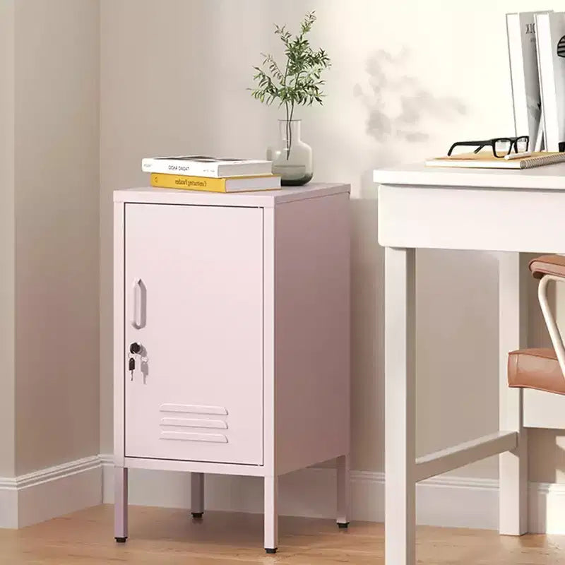 Tavolino Finale in Metallo con Chiusura a Chiave, Anta Singola, 2 Ripiani Regolabili, Mobile Contenitore Moderno Minimalista per Camera da Letto e Soggiorno, Rosa