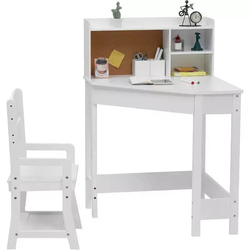 Set Scrivania e Sedia per Bambini, Tavolo Studio ad Angolo in Legno con Libreria, Bacheca e Portapenne, Bianco